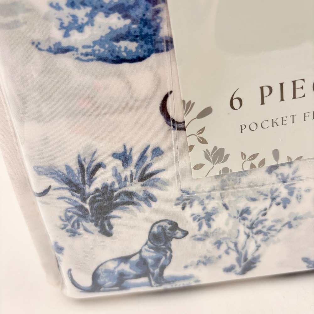 Kindred Home Queen 6 Piece Sheet Set Blue White Dachshund Doxie Dog Toile - Picture 2 of 6